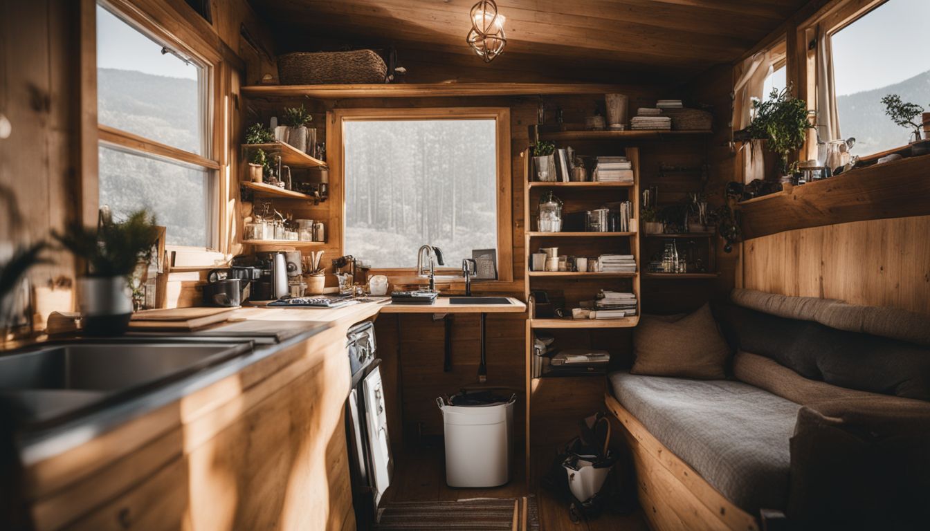 A cluttered tiny house interior with limited storage surrounded by navigating laws and regulations.