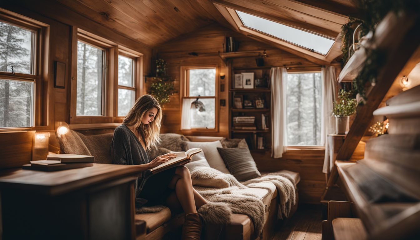 A person reading in a sustainable tiny house with cozy interior.