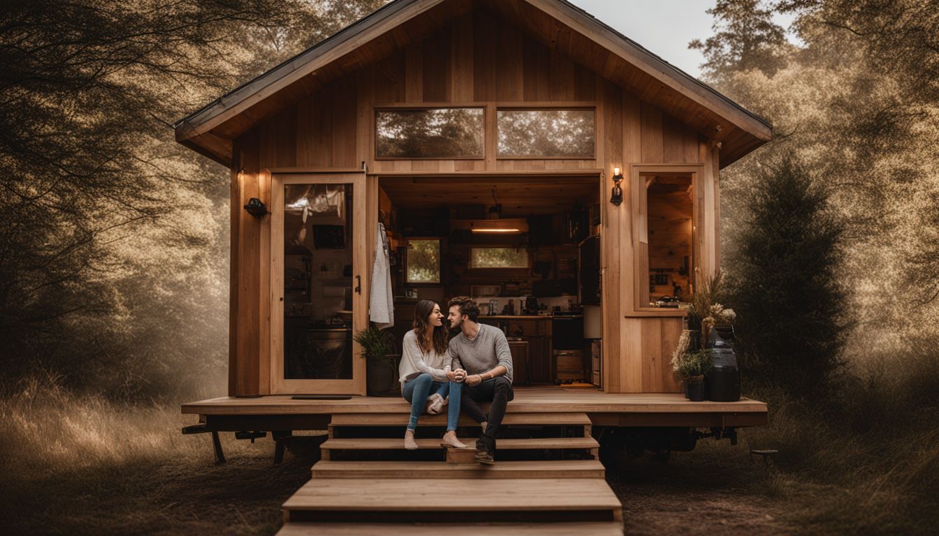 A young couple enjoying nature outside their tiny house.