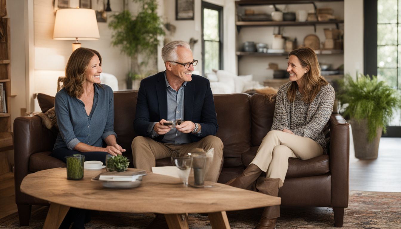 Jay Shafer and Sarah Susanka discussing tiny house designs in a cozy living room.