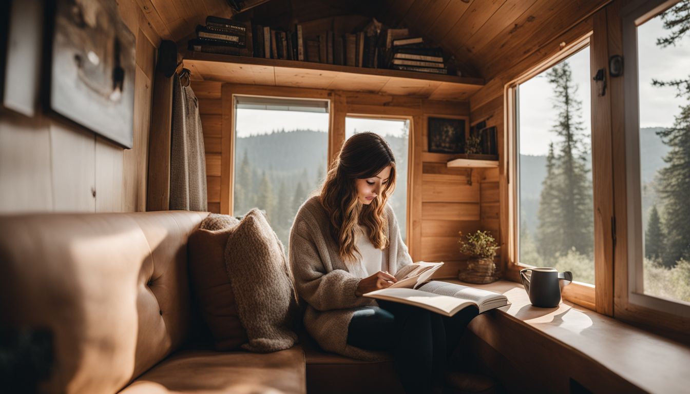 A person enjoying nature while reading a book in a tiny house.