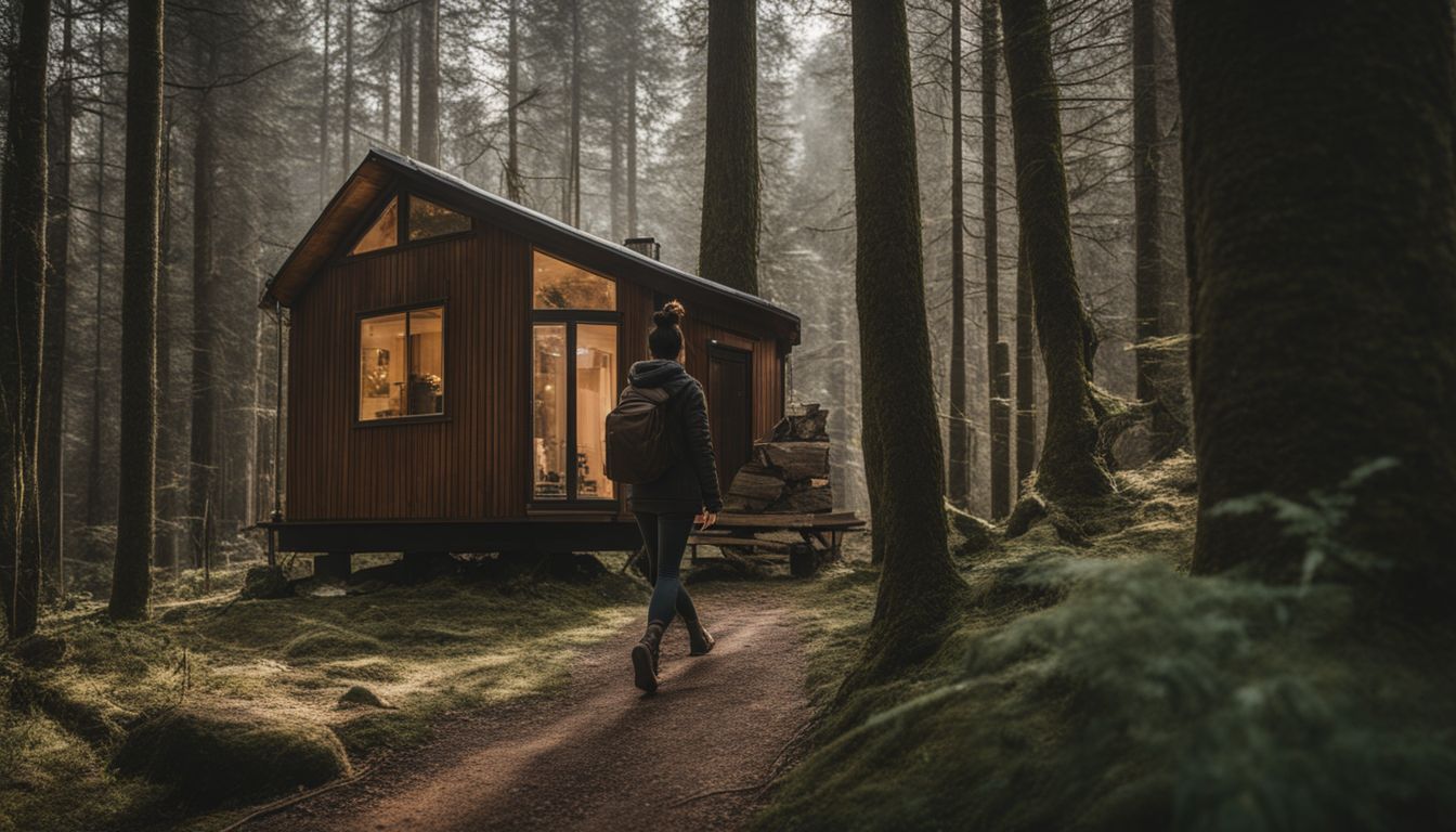 A person walking through a forest towards a small cozy tiny house.