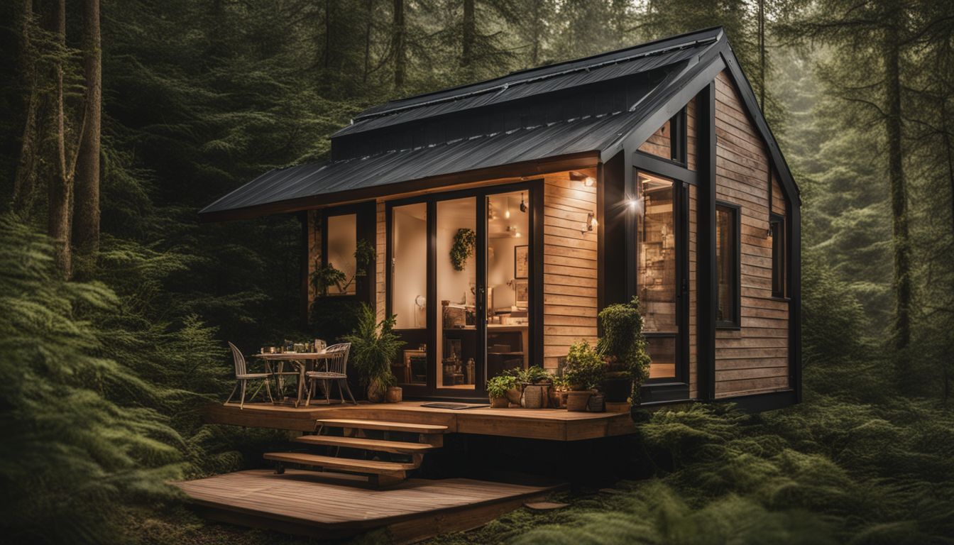 A cozy tiny house nestled in lush woods surrounded by nature.