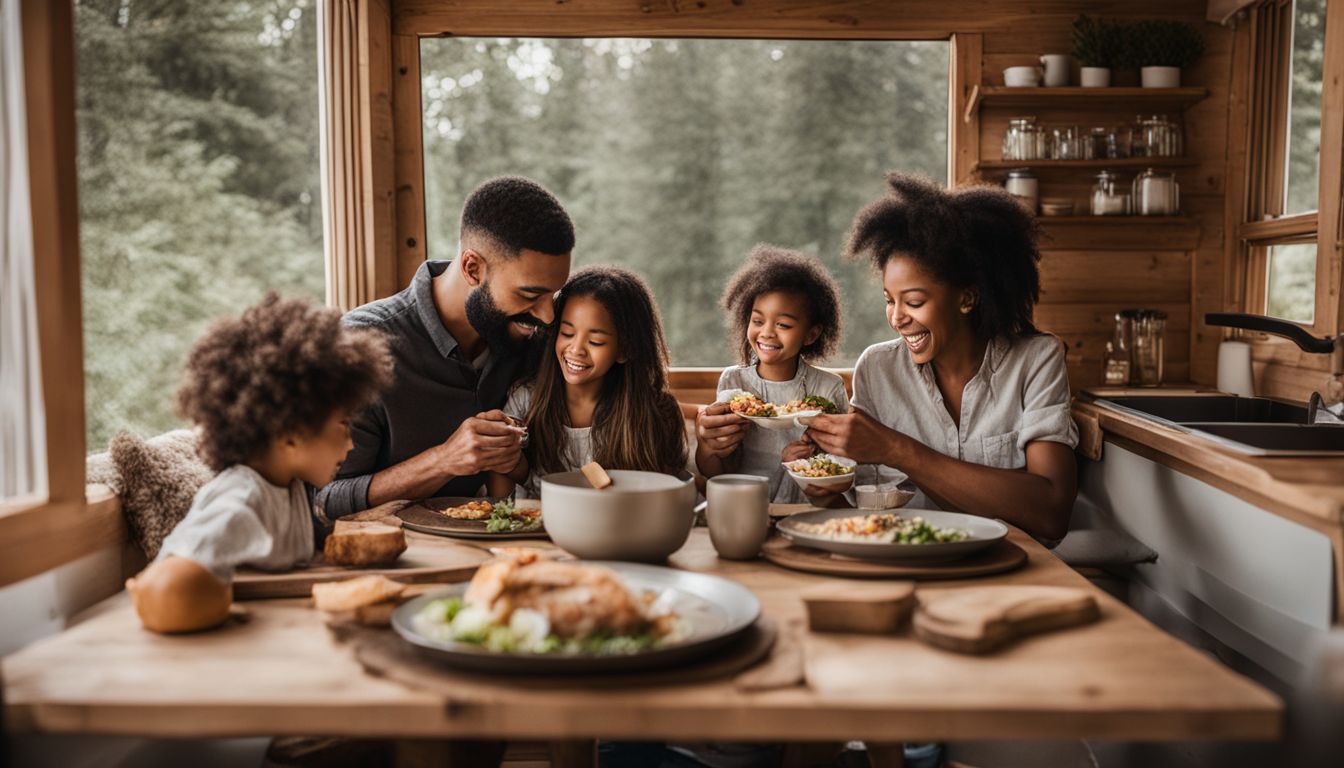 A small family enjoying a cozy meal in their tiny house surrounded by nature.